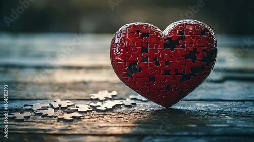 A high-angle, close-up shot depicts a red, heart-shaped jigsaw puzzle resting on a dark, rustic wooden surface.  Several loose puzzle pieces are scattered nearby. The lighting is dramatic, with a