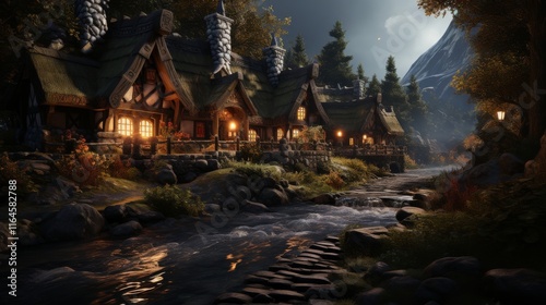 A small village with houses and a river. The houses are made of stone and have a rustic feel. The river is dark and the sky is cloudy