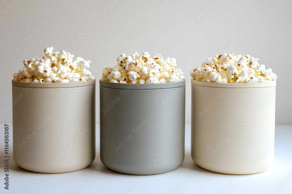Three neutral-toned containers filled with popcorn, showcasing minimalist design and modern kitchen aesthetics. Three neutral-toned containers filled with popcorn, showcasing minimalist design and modern kitchen aesthetics.