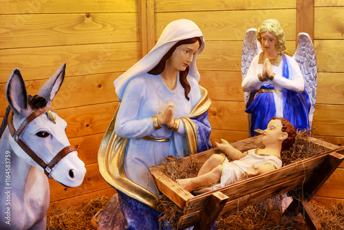 SPYTKOWICE, POLAND - DECEMBER 29, 2024: Traditional Christmas decorations, nativity scene by the church in Spytkowice, Poland.