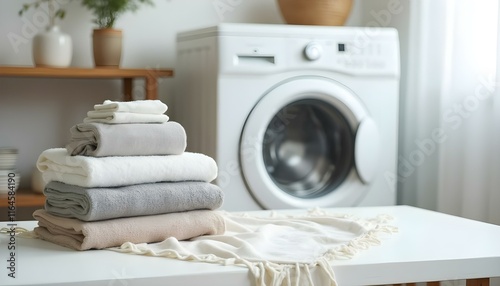 Mesa con pilas de ropa doblada y lavadora en fondo, creando un ambiente de lavandería en el hogar