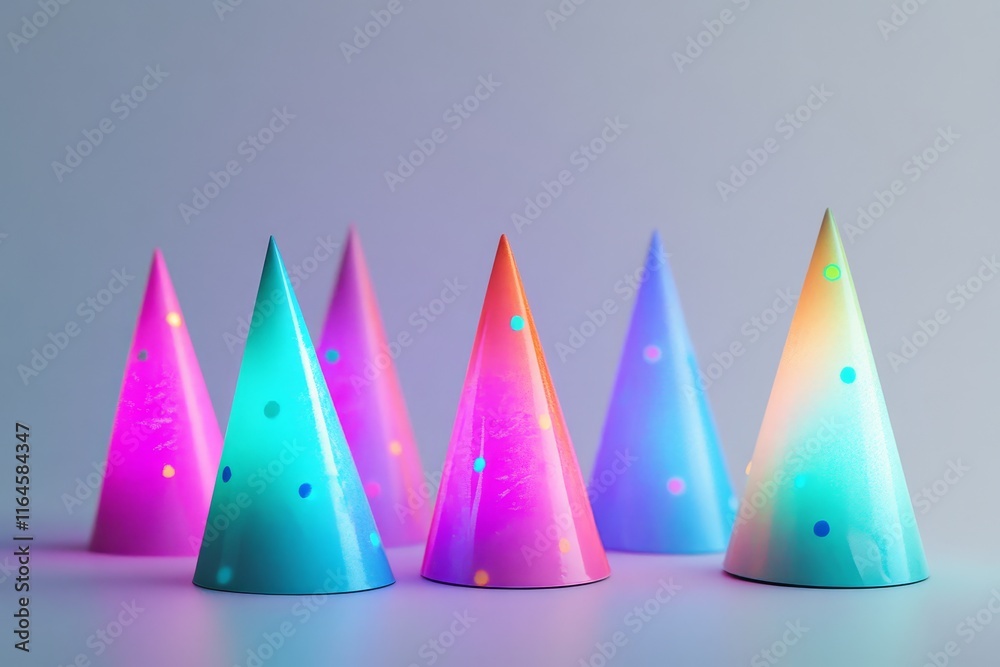 A collection of colorful party hats with a vibrant gradient design, perfect for celebrations and festive occasions. A collection of colorful party hats with a vibrant gradient design, perfect for celebrations and festive occasions.