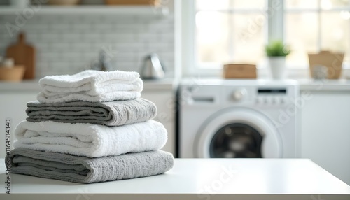 Mesa con pilas de ropa doblada y lavadora en fondo, creando un ambiente de lavandería en el hogar
