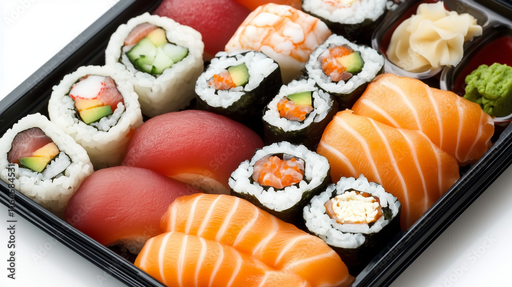 An assortment of sushi rolls and sashimi arranged neatly in a black container An assortment of sushi rolls and sashimi arranged neatly in a black container