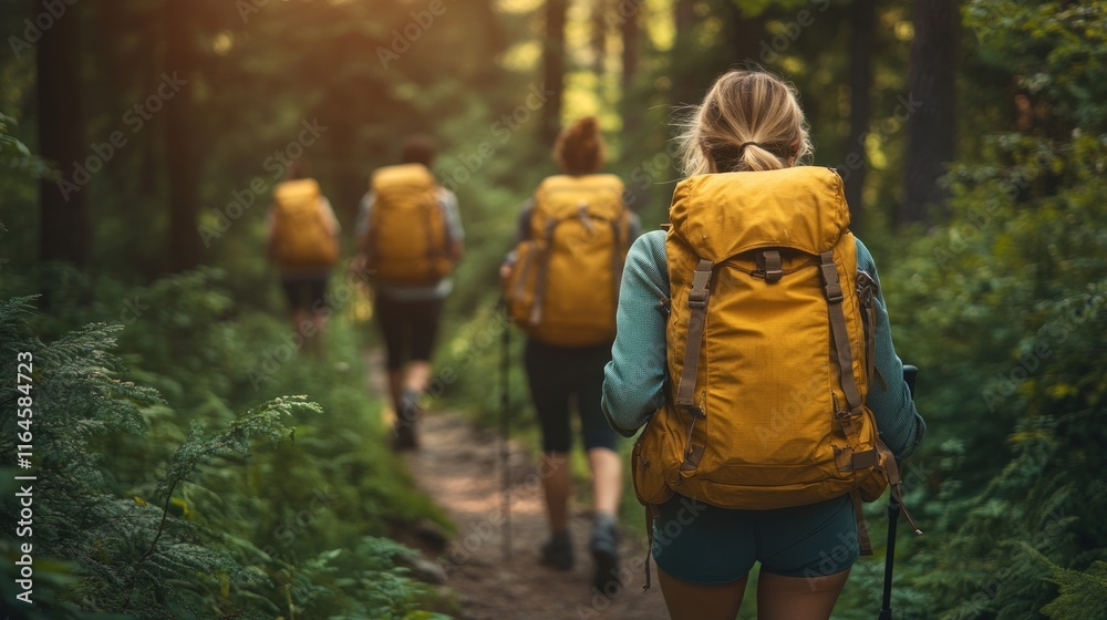 A group of hikers with backpacks walking on a forest trail. A group of hikers with backpacks walking on a forest trail.