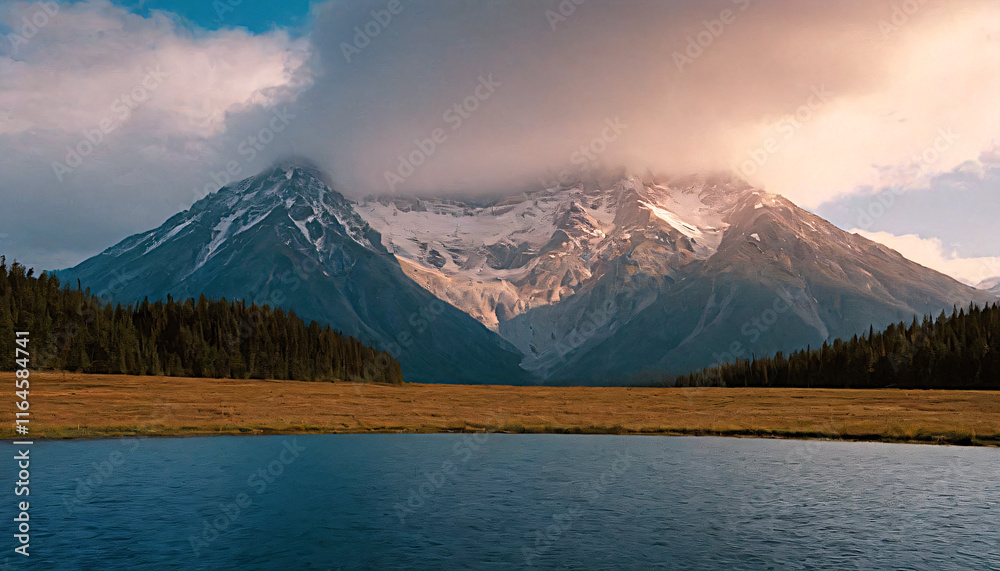 Majestic mountain landscape with lake and clouds at sunset Majestic mountain landscape with lake and clouds at sunset