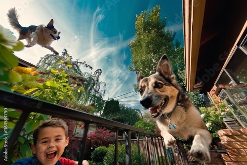 Energetic moment  fluffy dog leaps towards camera with cheerful boy in vibrant garden setting photo