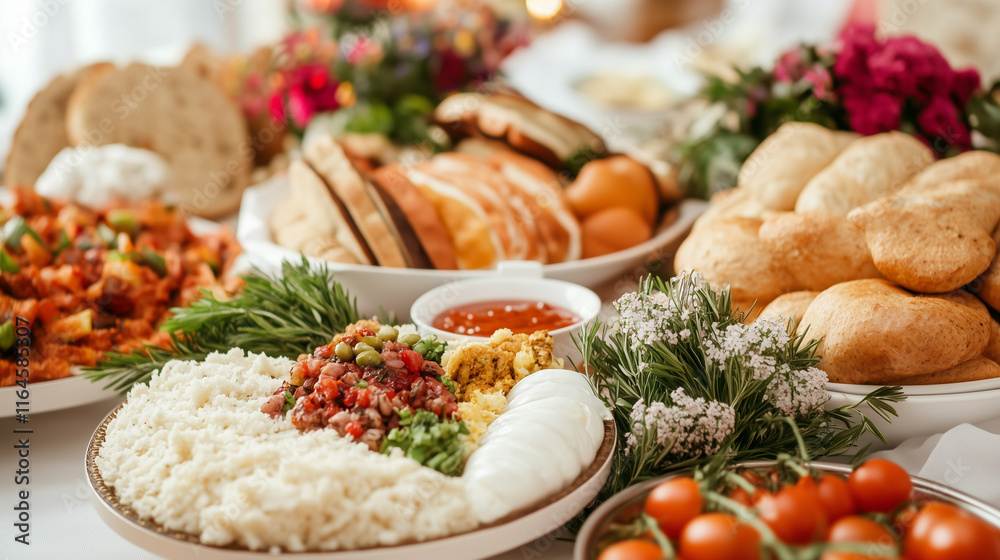 A display of traditional foods at a joyful celebration, highlighting delicious flavors A display of traditional foods at a joyful celebration, highlighting delicious flavors
