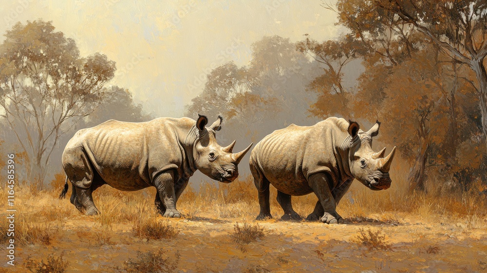 Obraz premium Rhinos Grazing in Soft Light on Grassy Hill