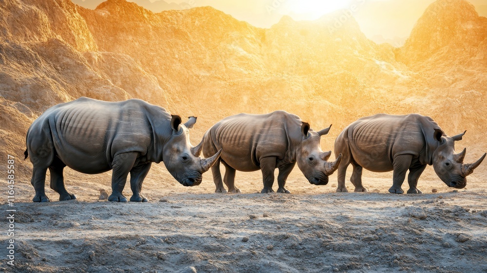 Fototapeta premium Rhinos Grazing Near Large Rocky Hill at Sunset