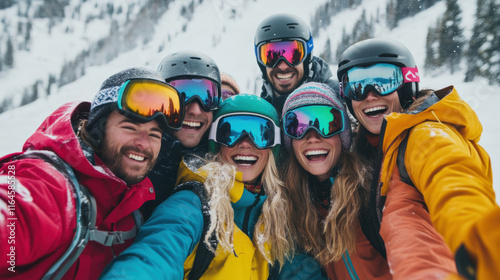 Happy group of skiers posing for selfie on snowy day photo