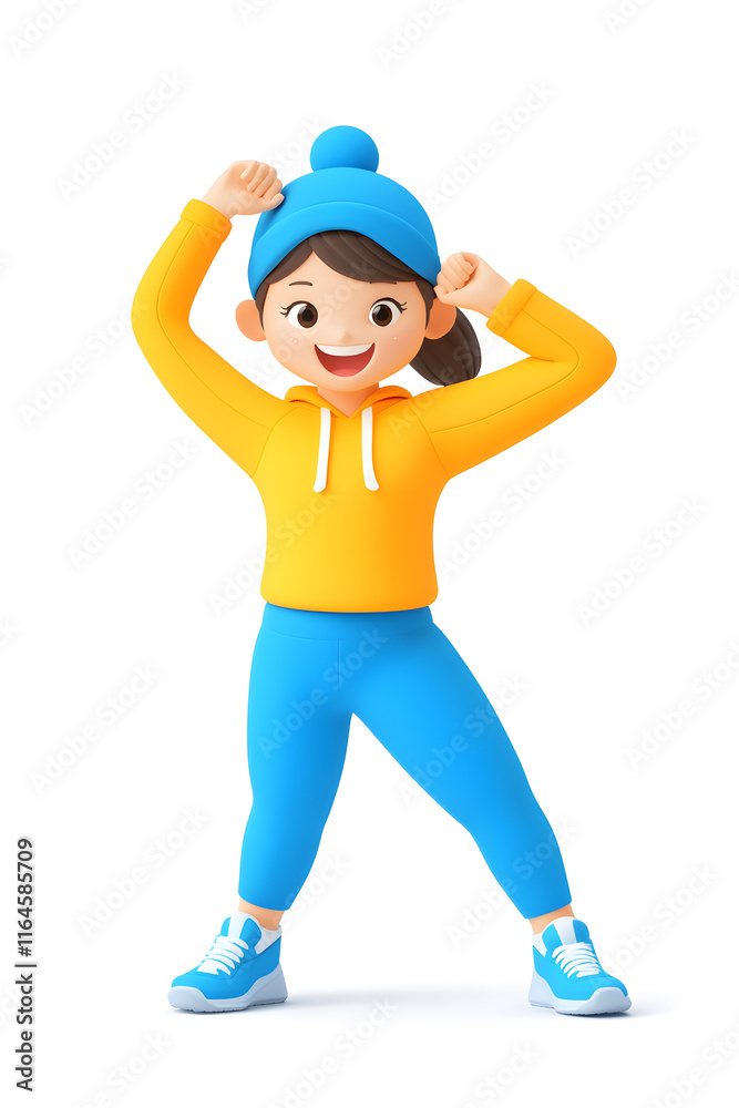 3D cartoon character illustration of a happy fit woman in sportswear stretching, isolated on white background, 3D cartoon character illustration of a happy fit woman in sportswear stretching, isolated on white background,