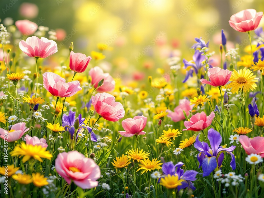 Vibrant Wildflower Meadow with Pink, Yellow, and Purple Blossoms, Blooming in Soft Sunlight, Beautiful Nature and Springtime Scenery Vibrant Wildflower Meadow with Pink, Yellow, and Purple Blossoms, Blooming in Soft Sunlight, Beautiful Nature and Springtime Scenery