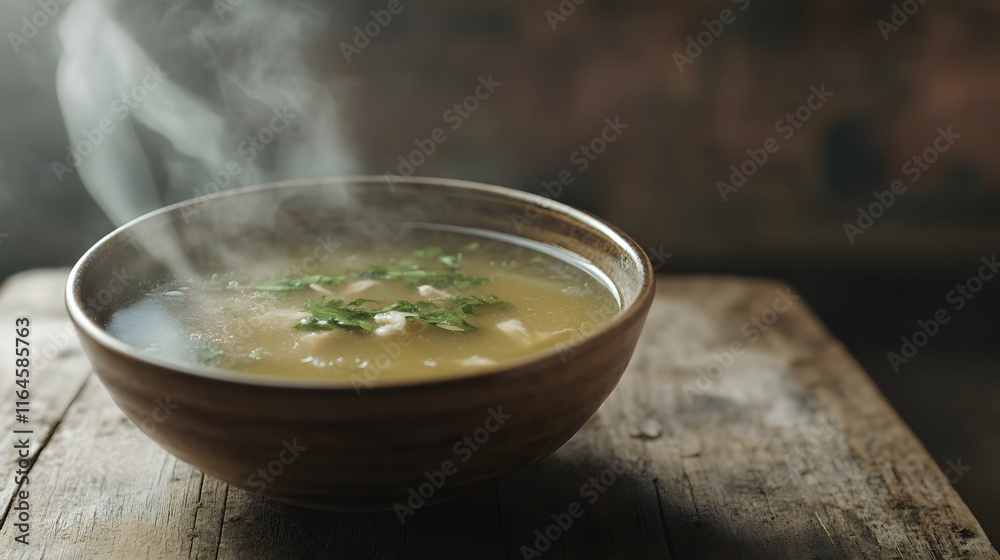Steaming Bowl of Chicken Soup With Herbs Steaming Bowl of Chicken Soup With Herbs