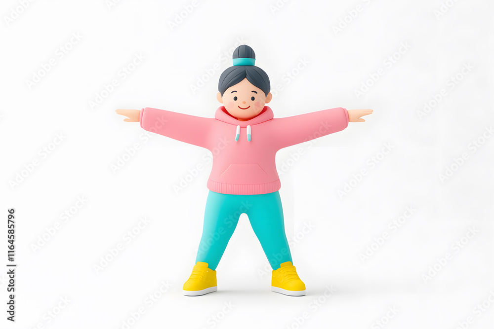 3D cartoon character illustration of a happy fit woman in sportswear stretching, isolated on white background, 3D cartoon character illustration of a happy fit woman in sportswear stretching, isolated on white background,