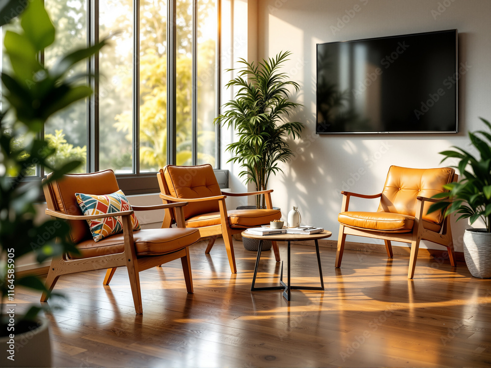 Cozy and Modern Waiting Area with Wooden Chairs, Leather Cushions, Green Plants, Natural Light, and Inviting Interior Design Cozy and Modern Waiting Area with Wooden Chairs, Leather Cushions, Green Plants, Natural Light, and Inviting Interior Design