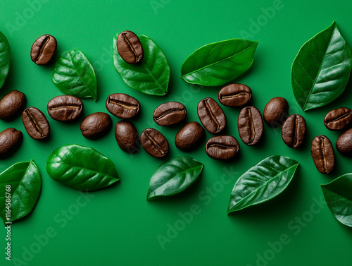 Coffee Beans and Leaves on Green Background