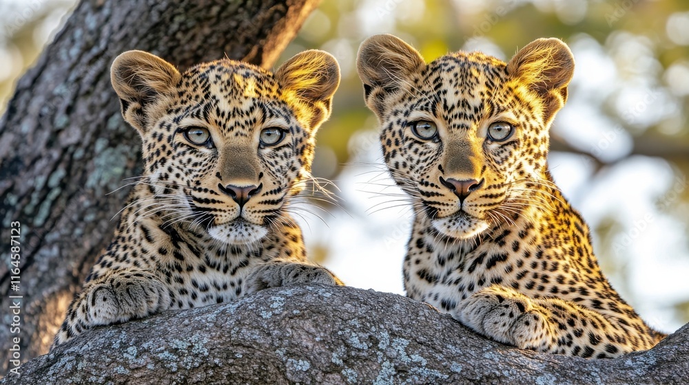 Fototapeta premium Two Leopards Gazing at Horizon in Golden Hour Light