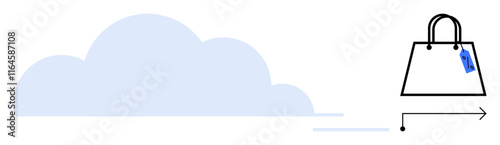 Blue cloud icon with a shopping bag tagged with a blue label, accompanied by an arrow. Ideal for cloud storage, e-commerce, online shopping, digital marketing, discounts, mobile apps, retail