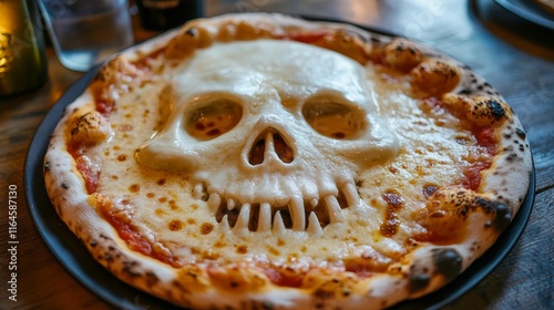 Cheese pizza shaped like an island monster s skull, artfully presented on a rustic wooden table photo