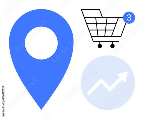 Blue location pin, shopping cart with three notifications, and upward-trending graph arrow. Ideal for navigation apps, e-commerce platforms, market growth metrics, business analytics, retail