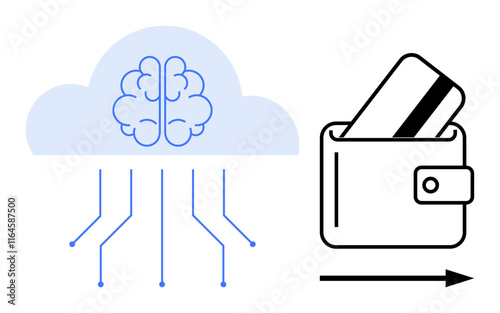 Cloud-thumbs up brain with connecting lines linked to wallet inserting credit card. Ideal for fintech, AI, digital banking, e-commerce, cybersecurity, finance education, and data analysis. Line