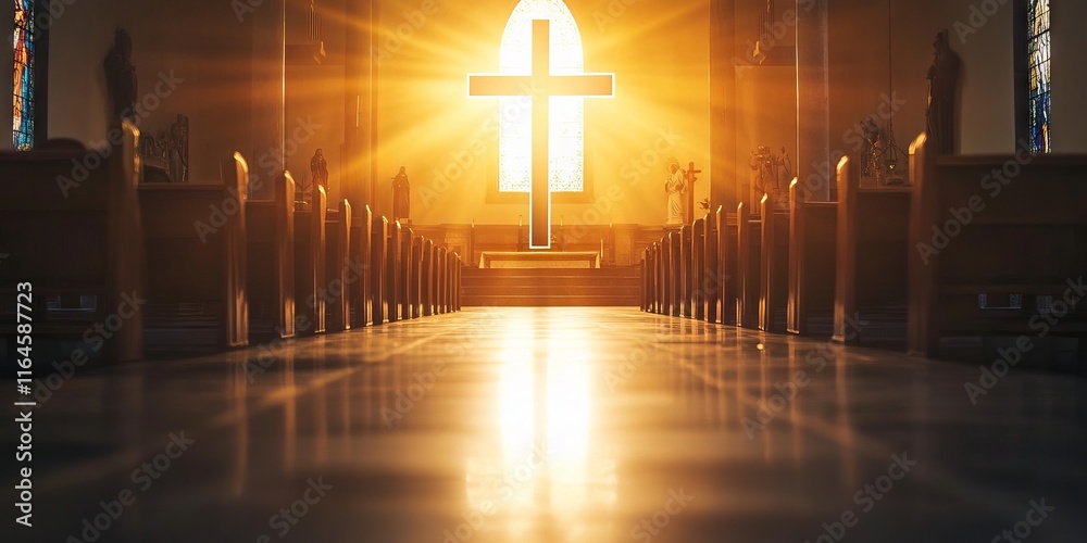 Naklejka premium Warm sunlight illuminates a cross in a tranquil church interior, creating a serene and spiritual atmosphere.