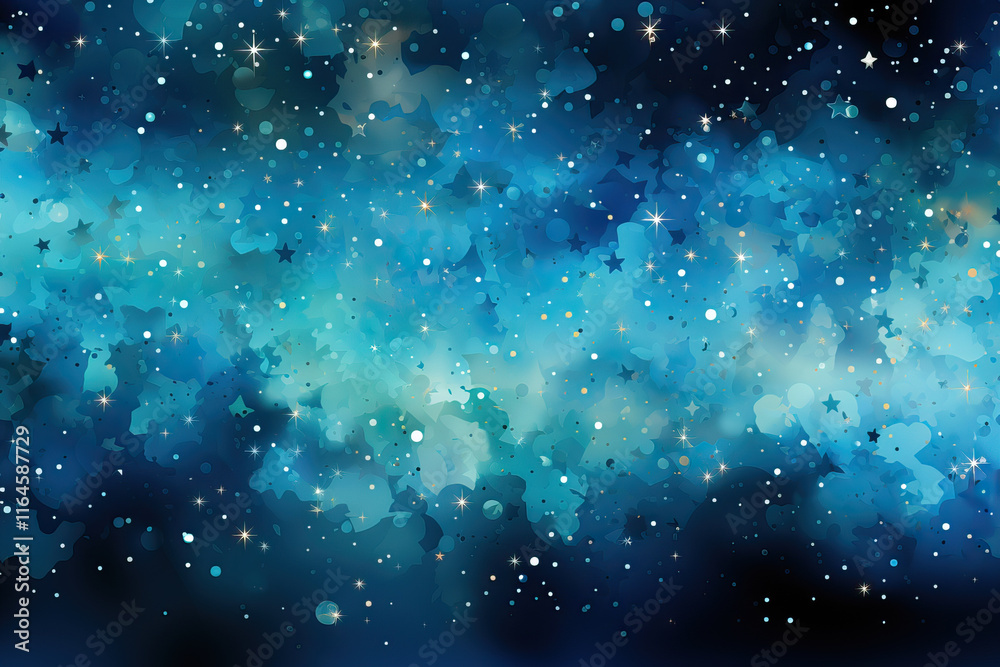 Obraz premium Dreamy watercolor night sky with sparkling stars and blue nebulae. A beautiful backdrop for cosmic projects.