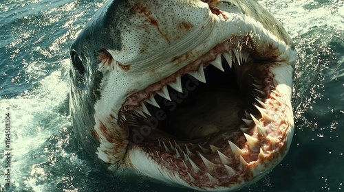 Great white shark with open mouth, showing rows of sharp teeth.
