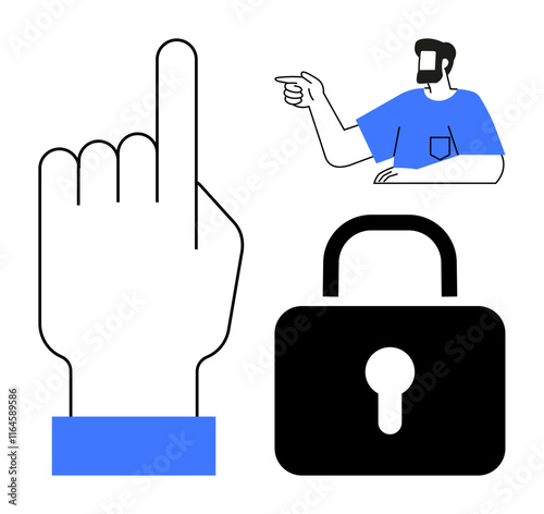 Finger pressing a button, person pointing, and lock represent interaction, authorization, privacy. Ideal for security, technology, user authentication, online privacy digital access safety