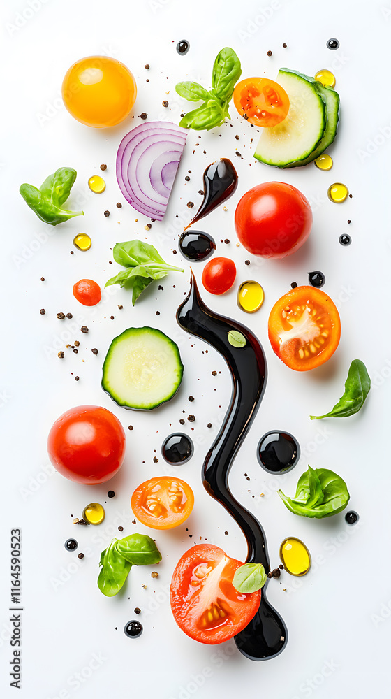 Explosion of sliced vegetables salad splash with balsamic sauce , isolated on white background Explosion of sliced vegetables salad splash with balsamic sauce , isolated on white background