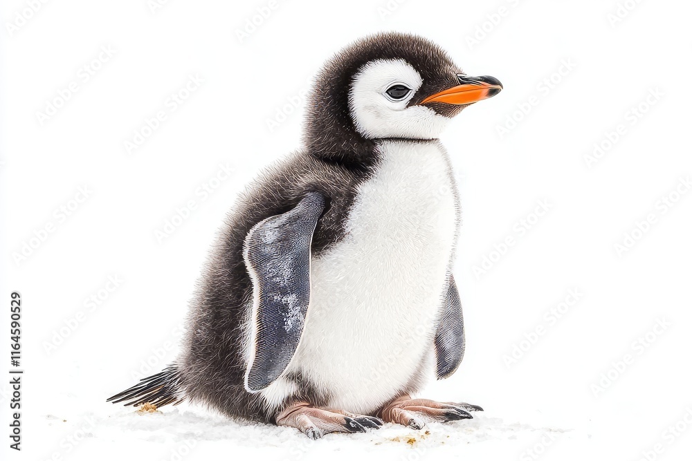 Fototapeta premium Cute Gentoo penguin chick with fluffy feathers and orange beak on snow, showcasing Antarctic wildlife.