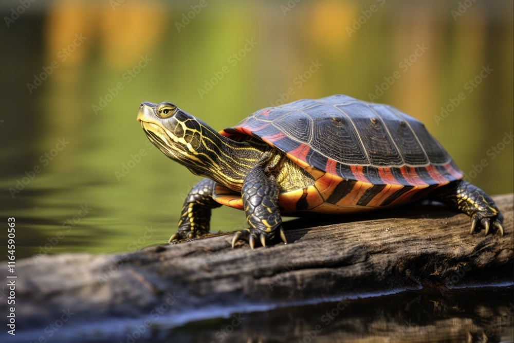 Western Painted Turtle Perched on Log in Lake Sammamish State Park - Herbivore Rests on Fallen Log, Providing Copy Space. Horizontal Shot of An Unpopulated Duck Pond, 1 Turtle Seen Western Painted Turtle Perched on Log in Lake Sammamish State Park - Herbivore Rests on Fallen Log, Providing Copy Space. Horizontal Shot of An Unpopulated Duck Pond, 1 Turtle Seen