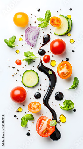 Explosion of sliced vegetables salad splash with balsamic sauce , isolated on white background