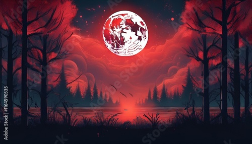 dark forest red moon night sky horror