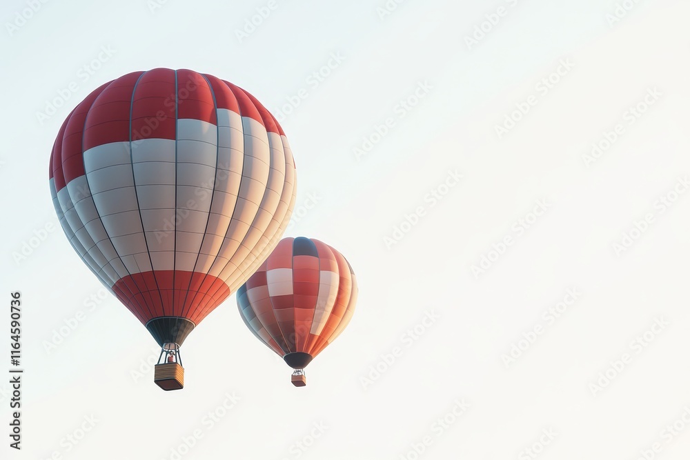 Fototapeta premium Two hot air balloons are flying in the sky. One is red and white and the other is orange and white