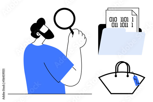 Man holds magnifying glass examining data, digital files with binary code in folder, shopping bag with tag. Ideal for cybersecurity, data analysis, digital documents, privacy, online shopping, fraud