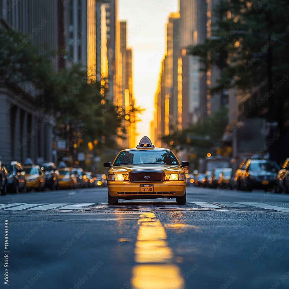Fototapeta premium New york city taxi in vibrant sunset urban transportation scene street level dynamic city life