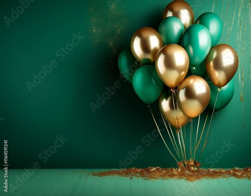 gold green balloons on emerald background