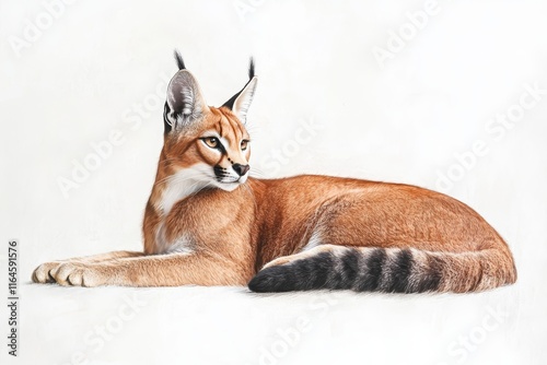 A stunning caracal with distinctive tufted ears and vibrant fur, resting elegantly against a white backdrop. photo