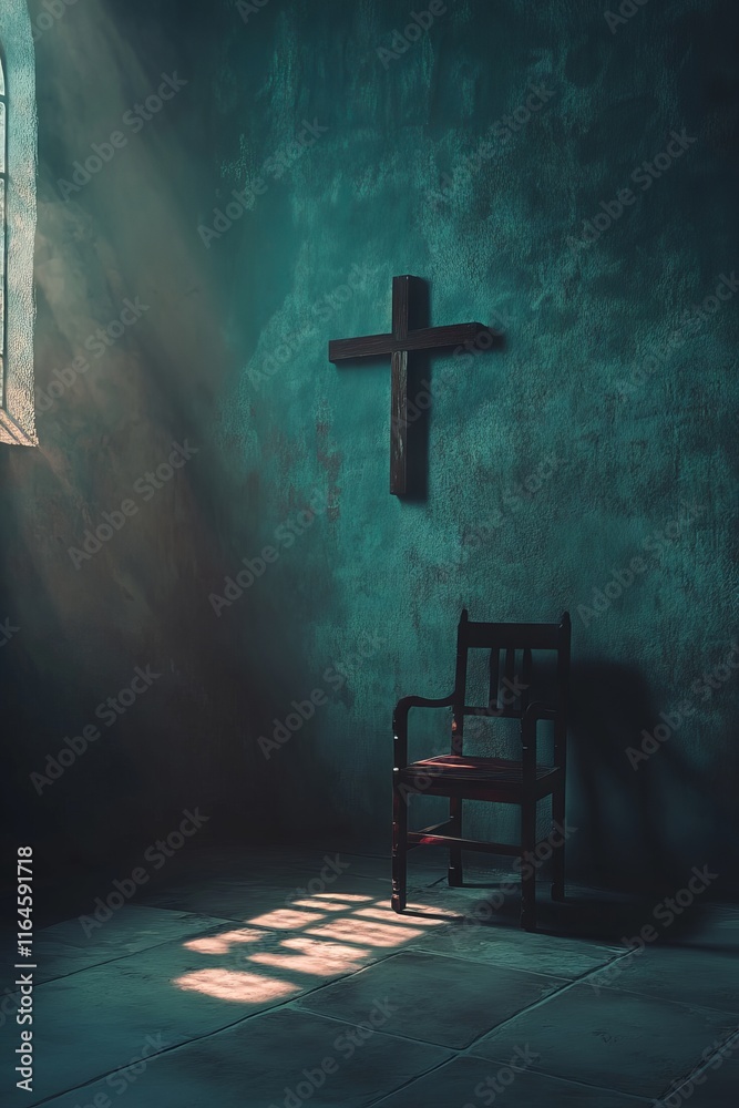 Naklejka premium Moody room interior with sunlight streaming through a window, highlighting a wooden chair and cross on a textured wall.