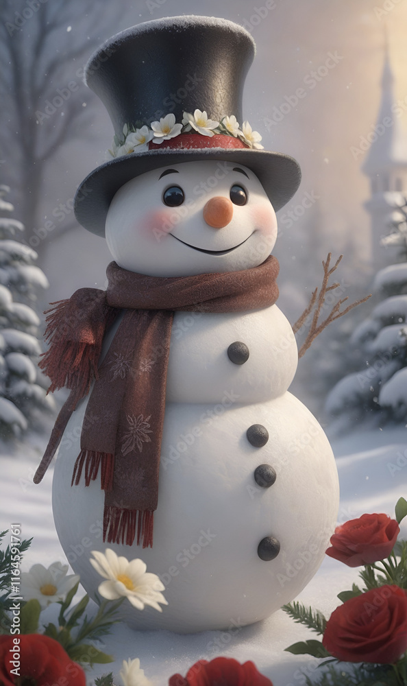 Obraz premium Charming snowman in a garden with falling snowflakes all around.
