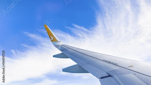 Stunning Views from a flying plane window Above Airplane Wing Overlooking the blue sky and clouds