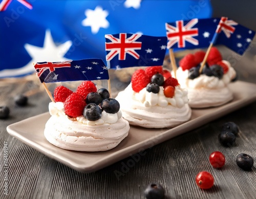 mini pavlova desserts with fresh summer berries decorated with the australian flag to demonstrate australian cuisine