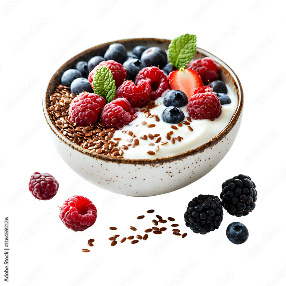 Fresh Yogurt and berry bowl with flax seeds isolated on transparent background Fresh Yogurt and berry bowl with flax seeds isolated on transparent background