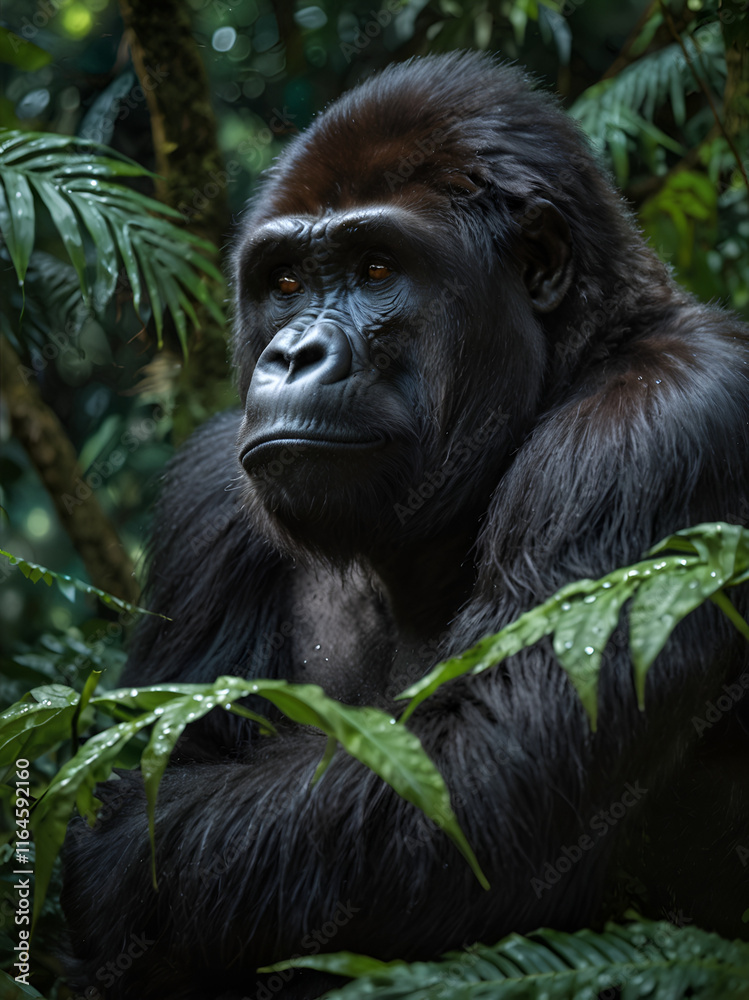 The gorilla stands among cascading vines and tall trees. The gorilla stands among cascading vines and tall trees.