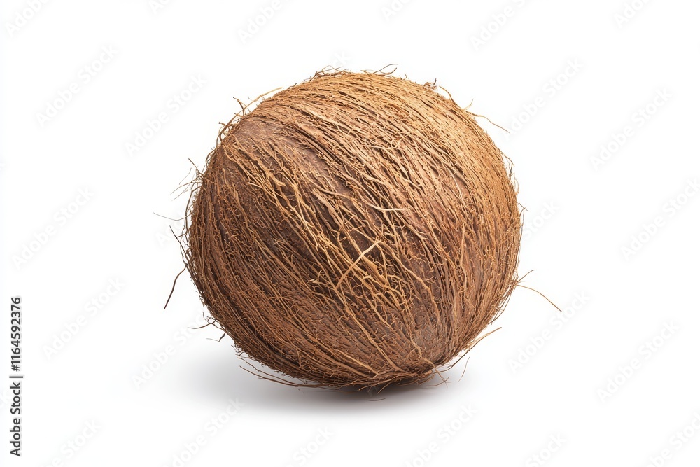 Detailed image of a whole coconut showcasing its fibrous texture and natural brown hue against a white backdrop. Detailed image of a whole coconut showcasing its fibrous texture and natural brown hue against a white backdrop.