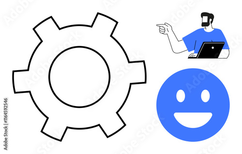 Large gear icon next to man with laptop pointing and blue smiling face symbol. Ideal for teamwork, technology, communication, collaboration, user experience, feedback, and innovation themes in