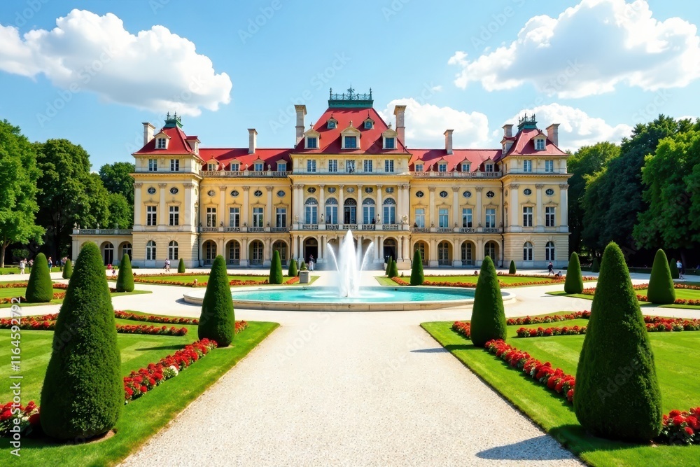 Fototapeta premium Grand entrance of Belvedere palace with fountain and gardens, palace, fountain