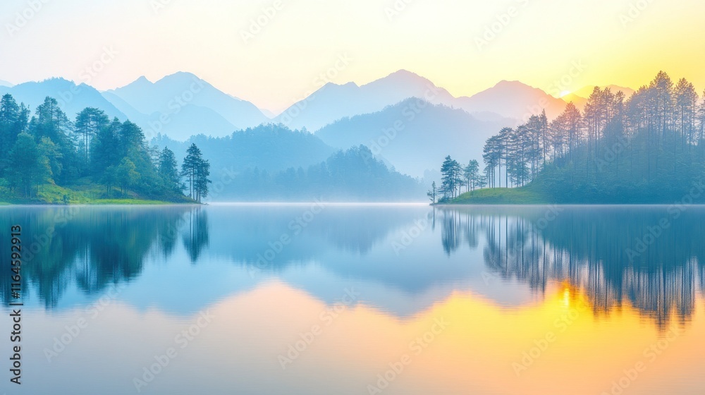 Serene sunrise over misty lake and mountains. Serene sunrise over misty lake and mountains.